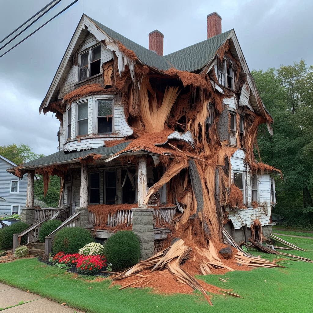 Signs Your Braintree Home Needs a Tree Inspection Blog Article - Tree with visible damage, including broken branches and signs of disease near an Braintree home